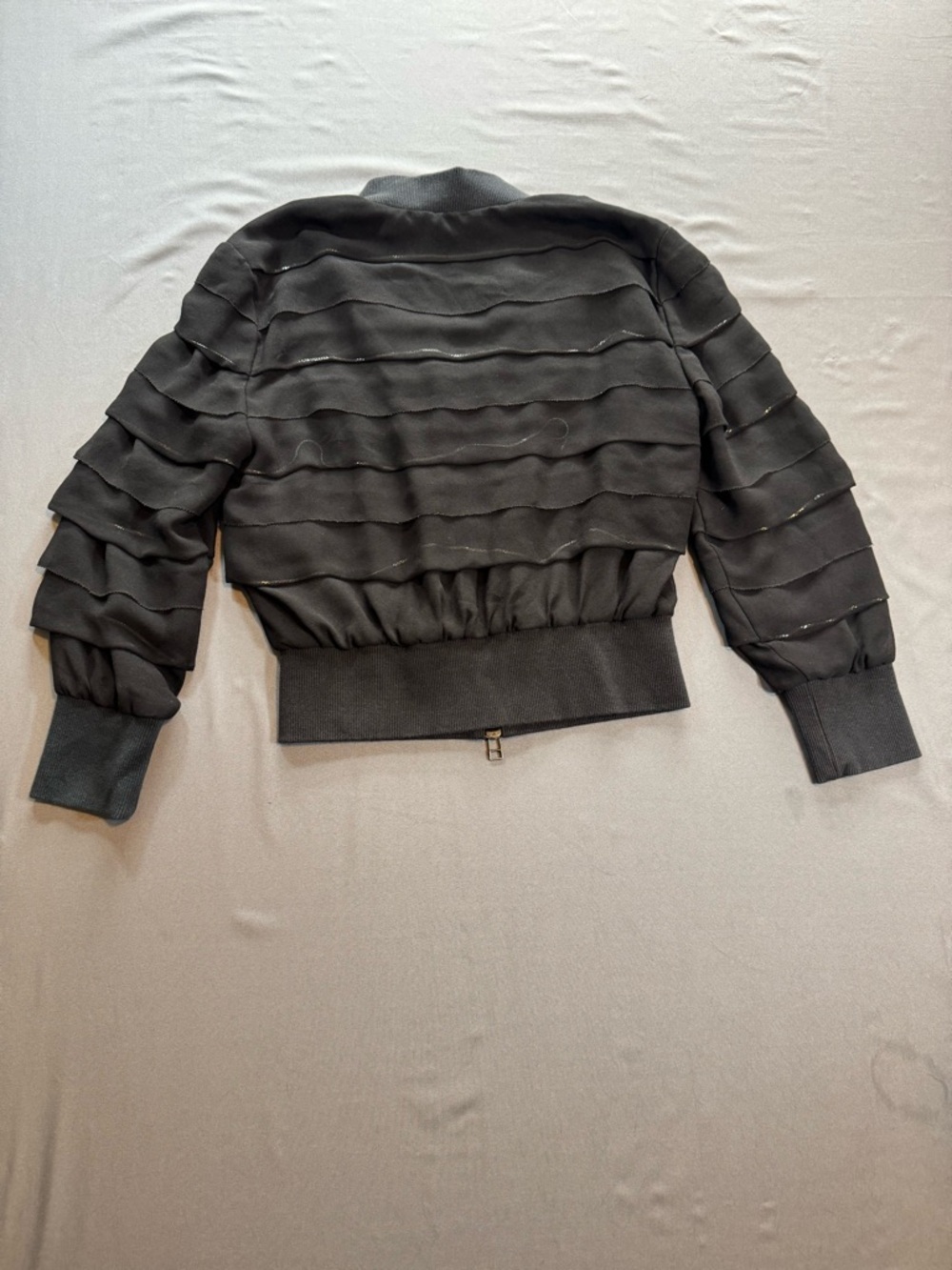 Armani Exchange Black Cropped Ruffle Bomber Jacket with Gold Zipper Size S - Picture 4 of 6